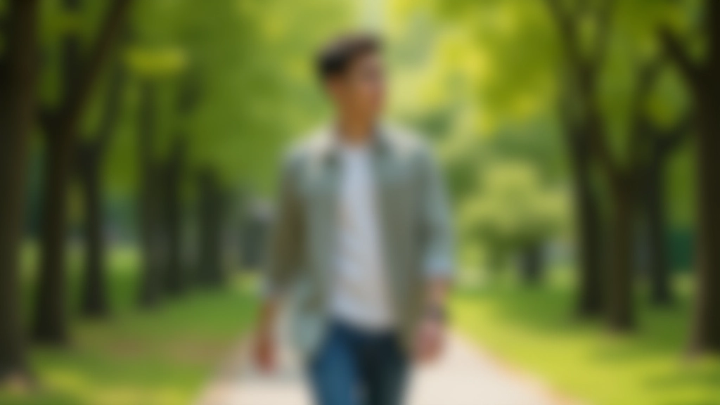 Person taking a mindful walk outdoors in park, natural surroundings, calm expression