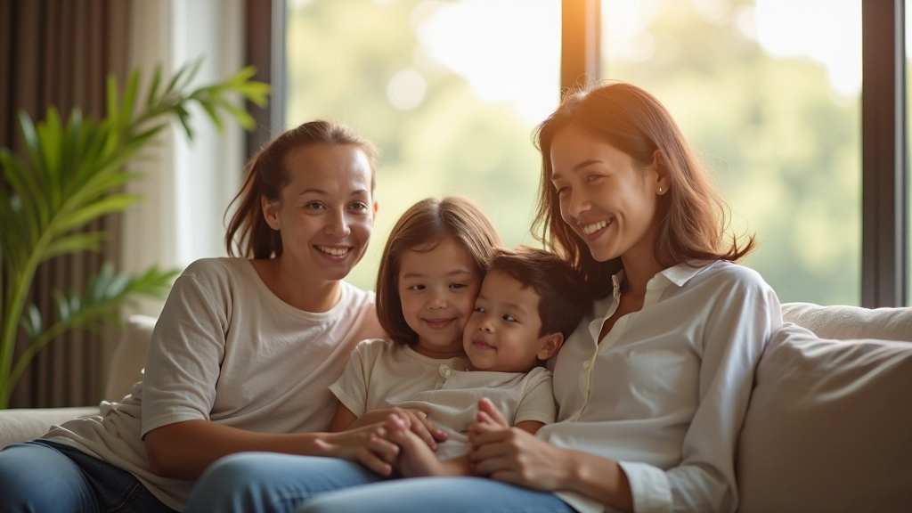 Family in modern living space enjoying quality time together, warm sunlight, peaceful atmosphere