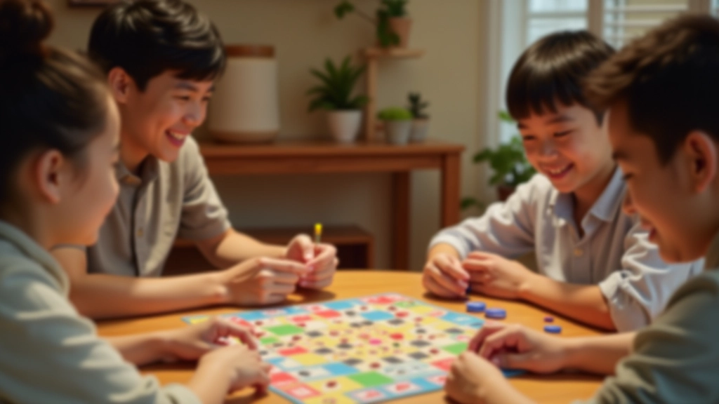Family playing board game at table, hands holding cards, colorful game pieces, warm indoor lighting, laughter and engagement