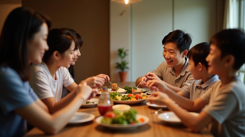 Family having dinner together, three generations at table, passing dishes, conversation and laughter, dining room with warm lighting