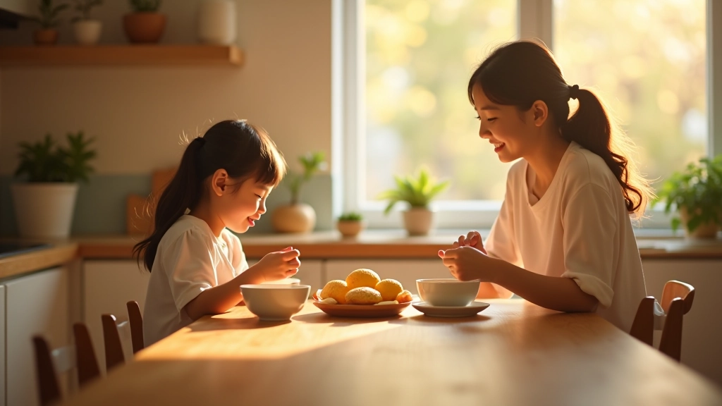 Family kitchen scene in morning with parent and child having breakfast together