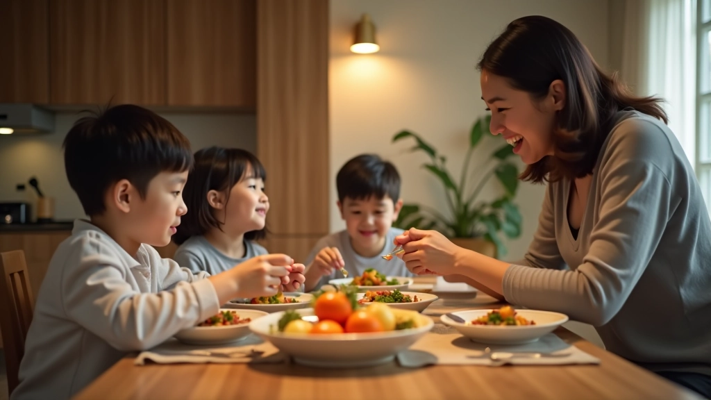 Family meal time at dining table, parents and children together, warm kitchen lighting, relaxed atmosphere