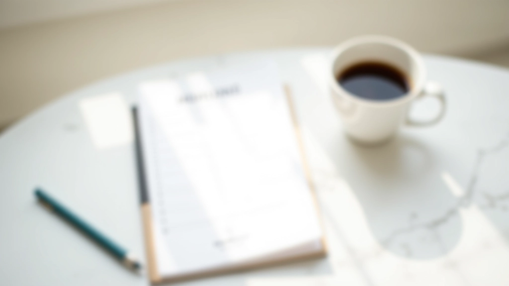 Notebook with morning routine checklist written out, pen, coffee cup on marble table, organized layout