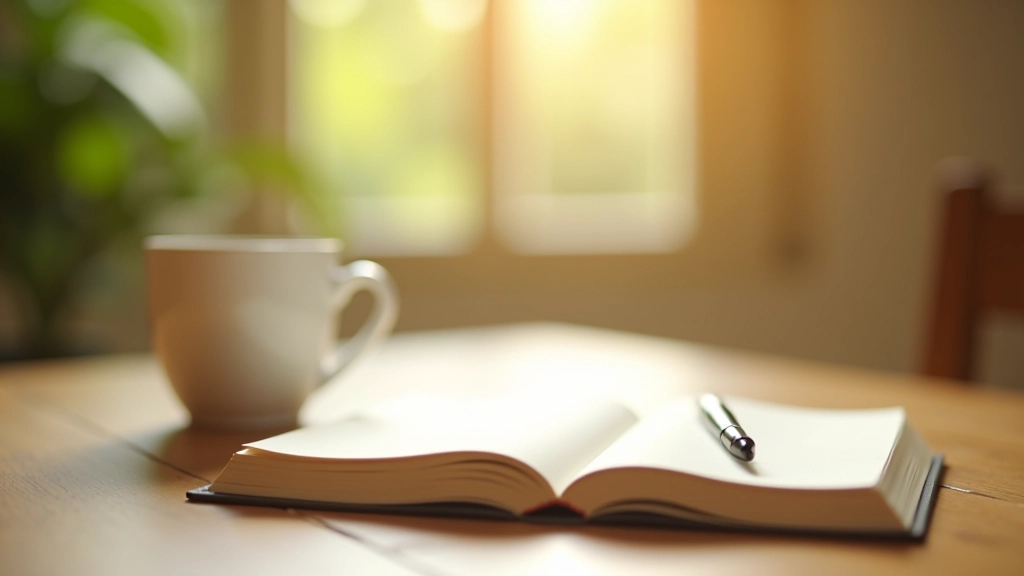 Parent with morning coffee and journal, peaceful morning setting, natural light