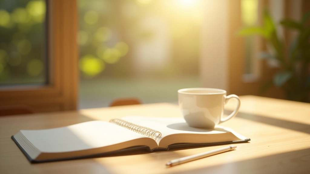 Morning table with tea and journal, sunlight streaming through window, peaceful morning atmosphere, notebook and pen