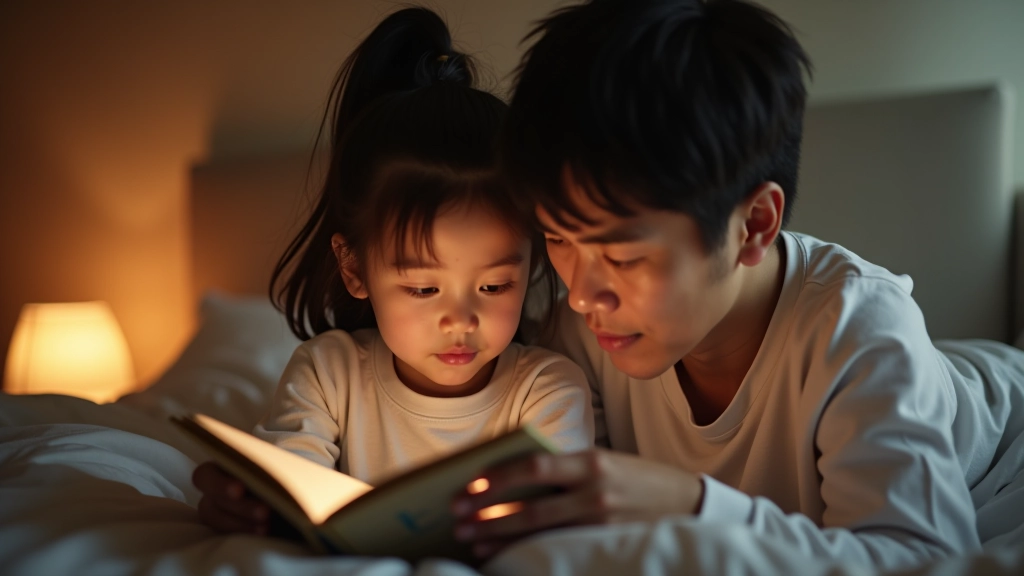 Parent reading to child in bed, bedside lamp lighting, cozy bedroom environment, intimate moment before sleep