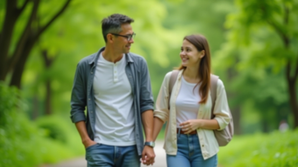 Parent and teenager walking together outdoors, natural park setting, conversation during walk, relaxed body language