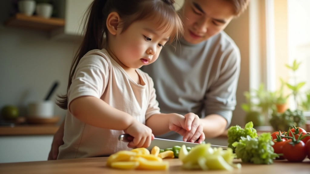 Parent and child cooking together in kitchen, hands preparing vegetables, warm natural light from window, intimate moment