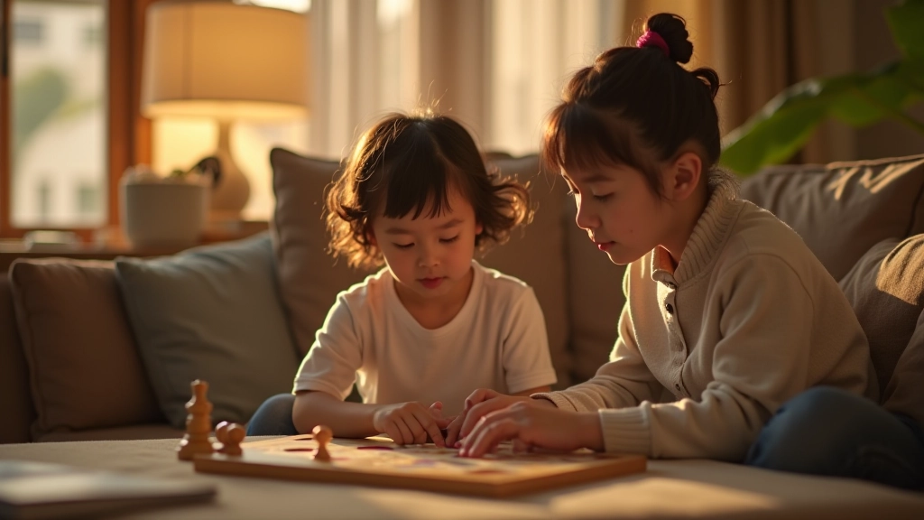 Parent relaxing on couch with child, both focused on board game together, warm evening lighting, living room setting