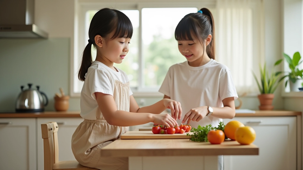 Parent and child cooking together in kitchen, child on step stool, both smiling, chopping vegetables, natural kitchen light, genuine moment