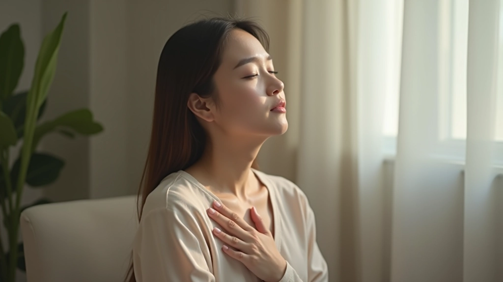 Person doing breathing exercise, hand on chest, peaceful expression, sitting calmly indoors
