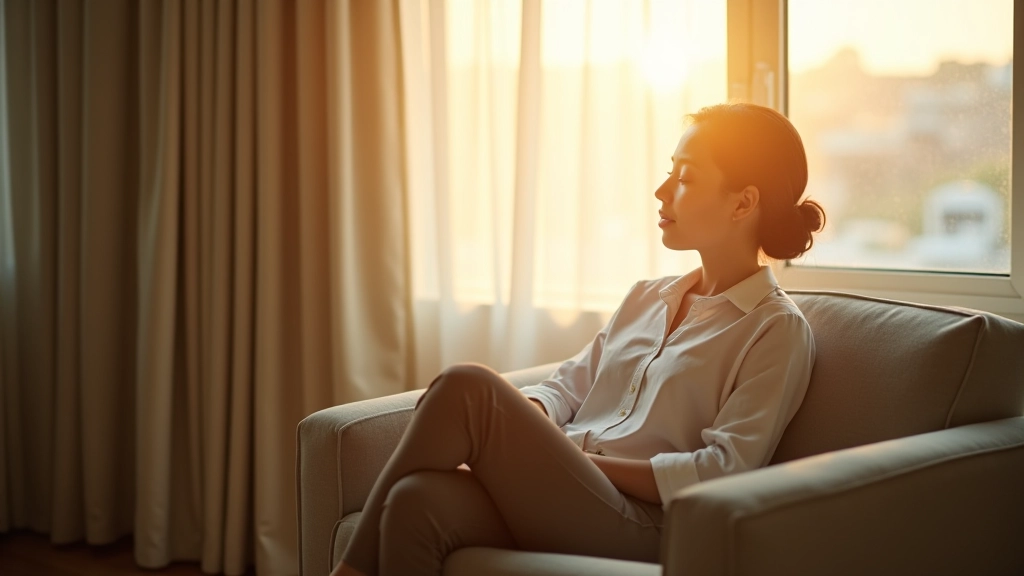 Person sitting peacefully on chair near window with natural light, relaxed posture, calm indoor setting