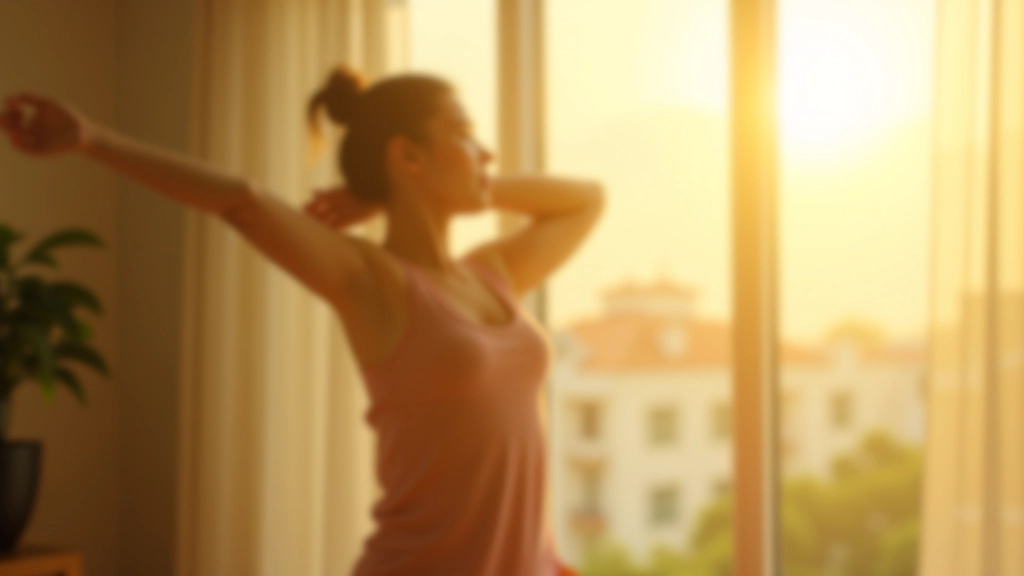 Person stretching by window in morning light, home exercise area, peaceful moment