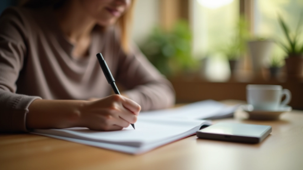 Person journaling with pen in notebook, peaceful workspace with coffee cup and natural light