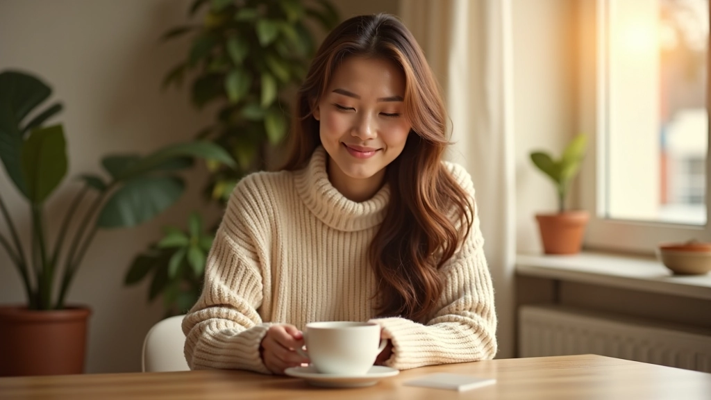 Person sitting at desk with morning sunlight streaming through window, peaceful moment with coffee cup